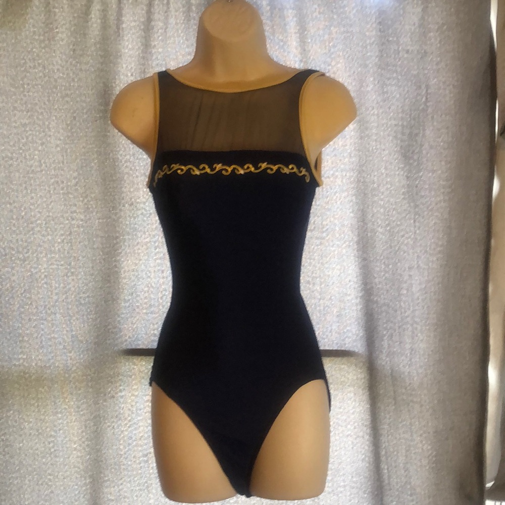 One piece vintage bathing suit sheer top dark blue and gold